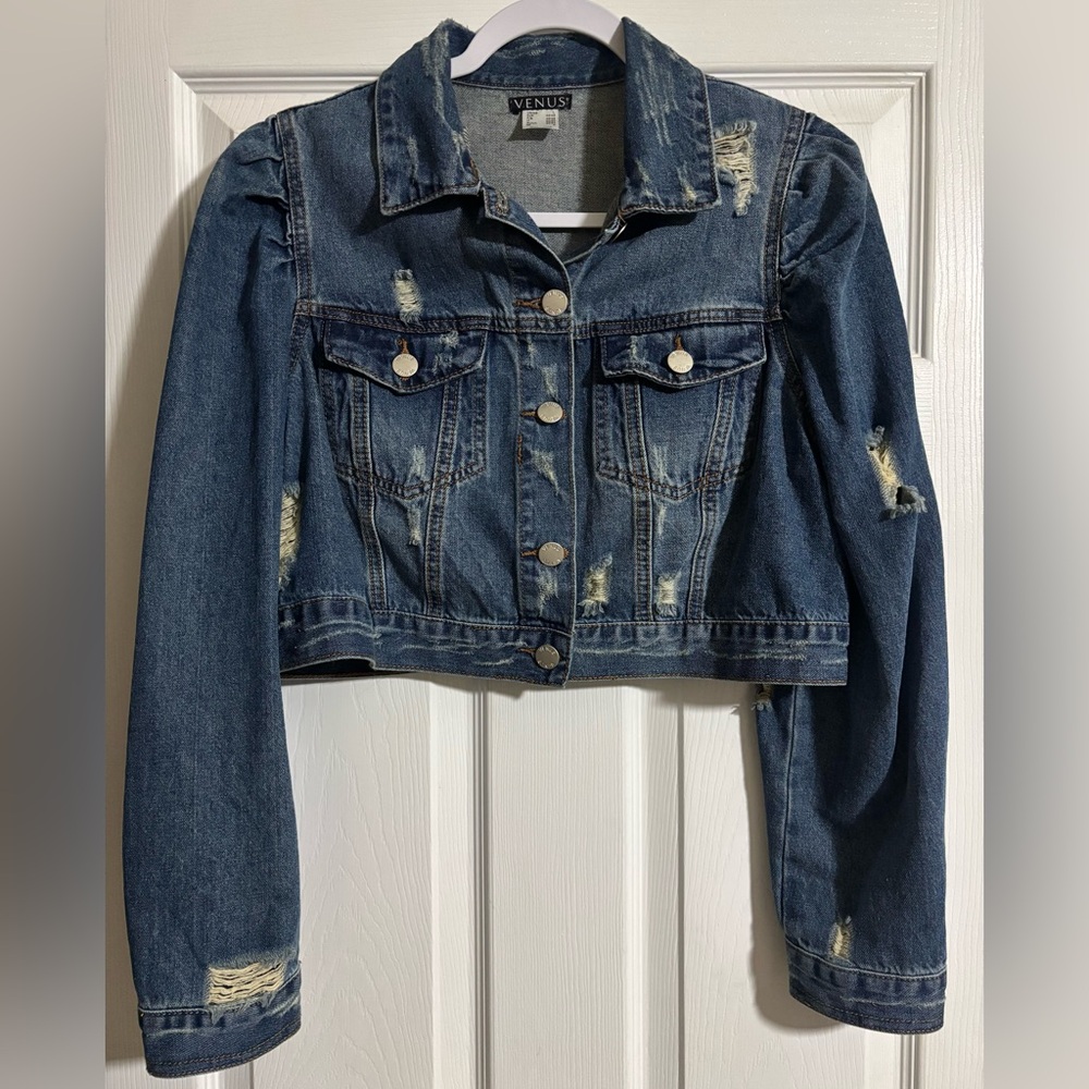 VENUS Cropped Distressed Denim Jacket